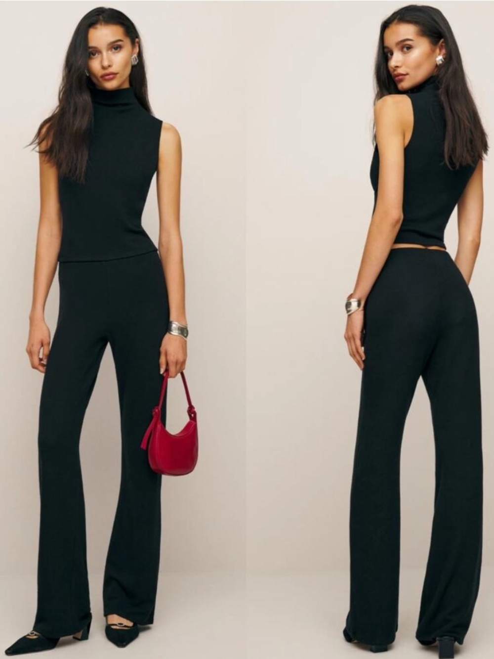 Reformation Talia Knit Two Piece Set Pants and Mock Neck Top Black Small